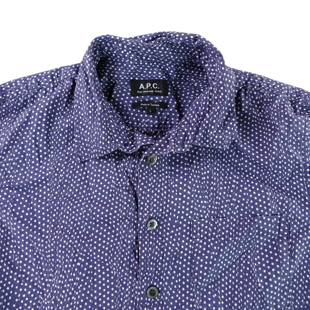 APC Polka Dot Shirt Mens Large Blue Short Sleeve Button Down 100% Cotton